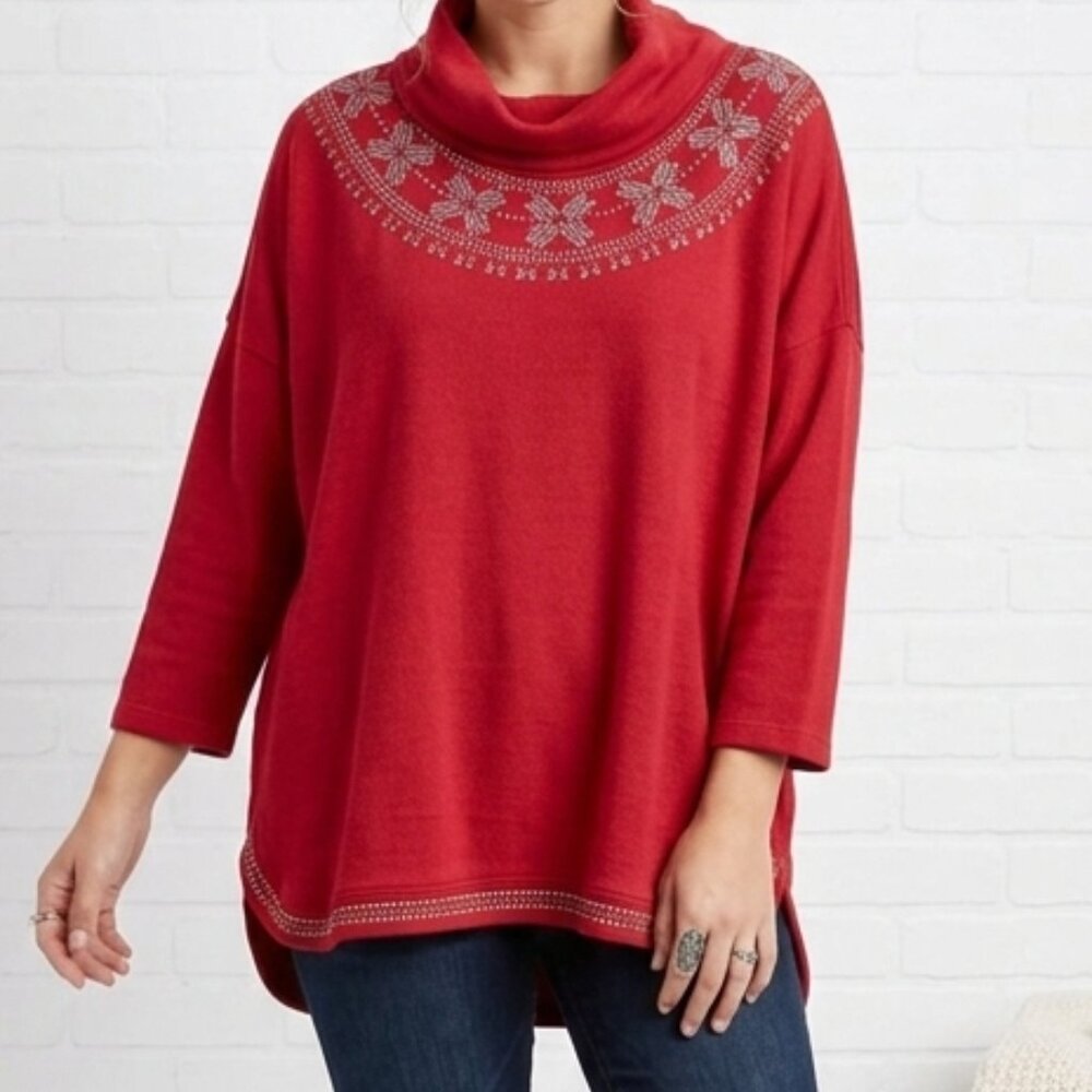 Boho Lucky Brand Red Cotton Embroidered Cowl‎ Neck Tunic XL Extra Large